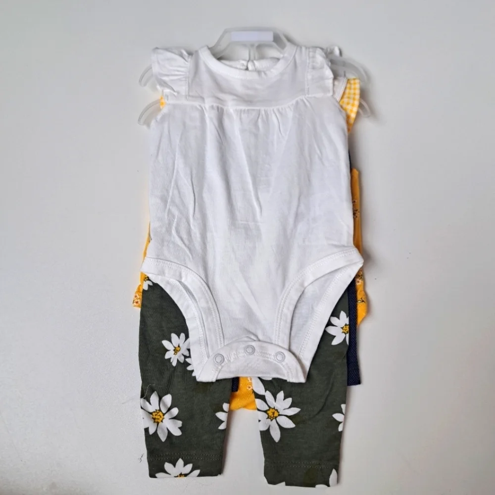 4 Pack)Carters Baby Girl Sz 3 Months Yellow White Daisies Bodysuit‎ Pants Cotton